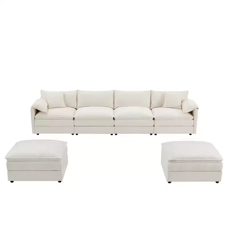 Canapé modulaire sectionnel en U 6 pièces en chenille Polibi avec deux poufs et des coussins à double couche