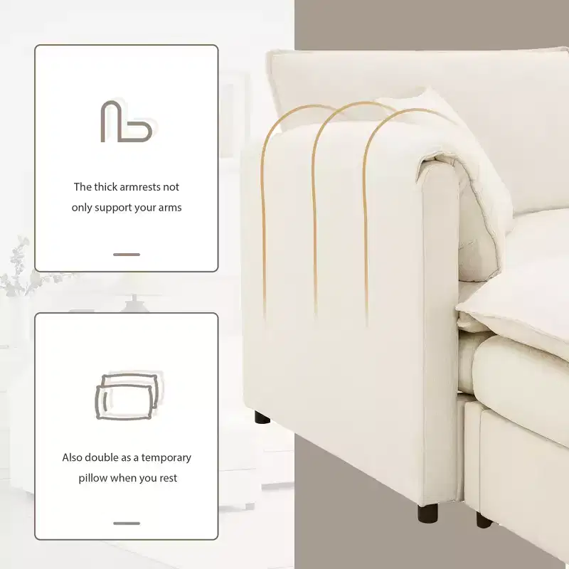 Canapé modulaire sectionnel en U 6 pièces en chenille Polibi avec deux poufs et des coussins à double couche