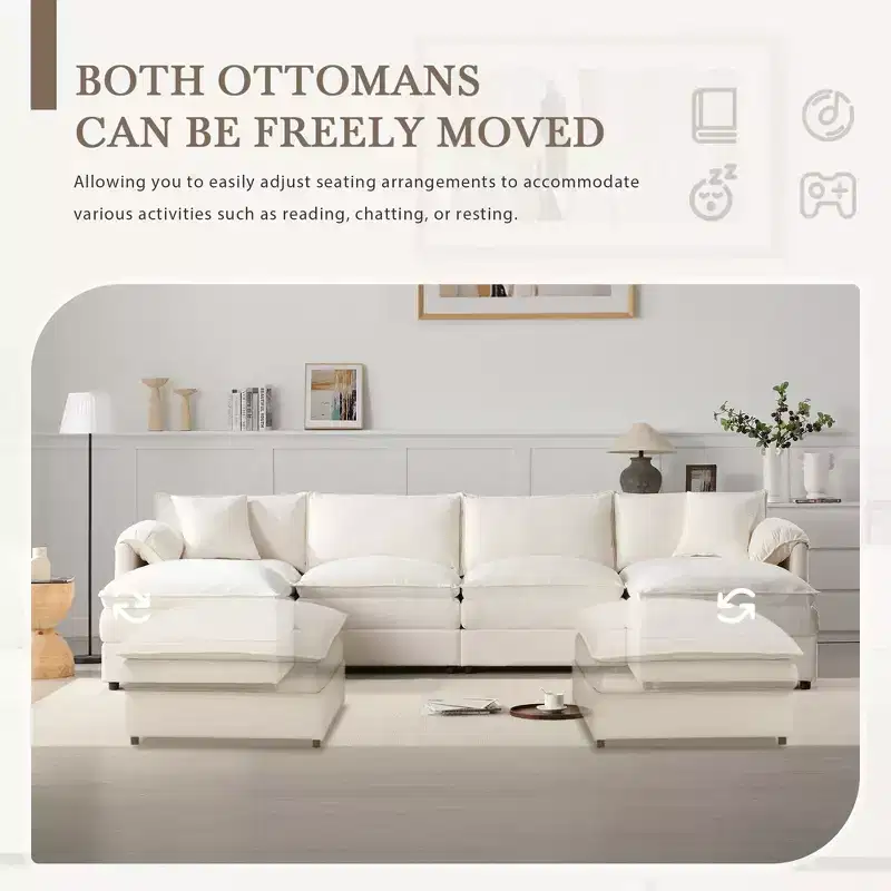Canapé modulaire sectionnel en U 6 pièces en chenille Polibi avec deux poufs et des coussins à double couche