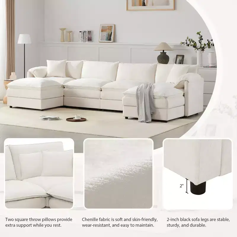 Canapé modulaire sectionnel en U 6 pièces en chenille Polibi avec deux poufs et des coussins à double couche