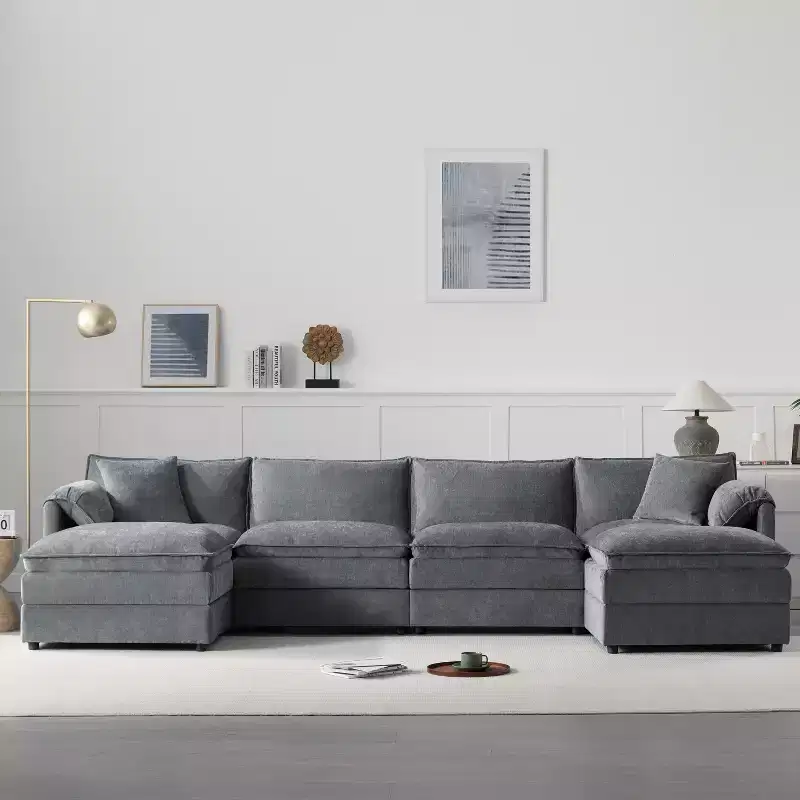 Canapé modulaire sectionnel en U 6 pièces en chenille Polibi avec deux poufs et des coussins à double couche