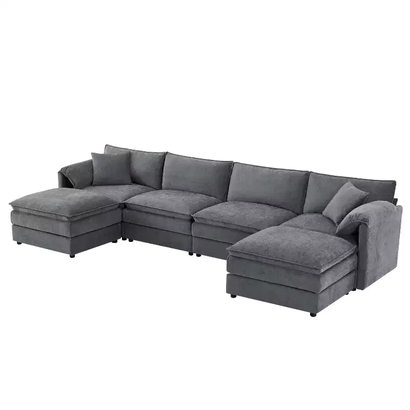 Canapé modulaire sectionnel en U 6 pièces en chenille Polibi avec deux poufs et des coussins à double couche