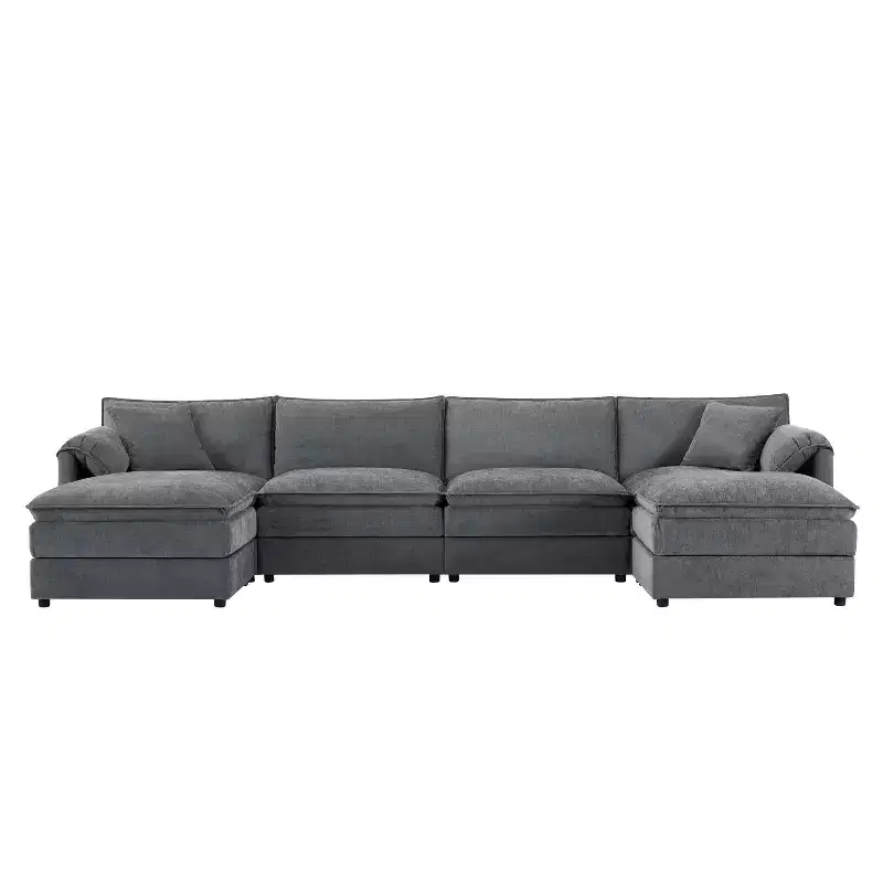 Canapé modulaire sectionnel en U 6 pièces en chenille Polibi avec deux poufs et des coussins à double couche