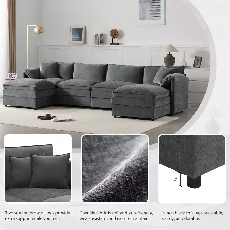 Canapé modulaire sectionnel en U 6 pièces en chenille Polibi avec deux poufs et des coussins à double couche