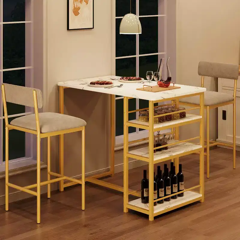 Table de cuisine hauteur comptoir avec 2 tabourets de bar rembourrés, ensemble table et chaises de salle à manger en bois pour 2 avec étagères de rangement, pour petits espaces, appartement