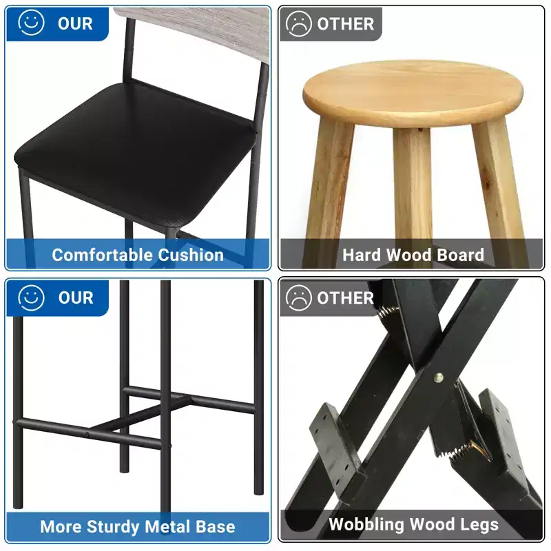 Table de cuisine hauteur comptoir avec 2 tabourets de bar rembourrés, ensemble table et chaises de salle à manger en bois pour 2 avec étagères de rangement, pour petits espaces, appartement