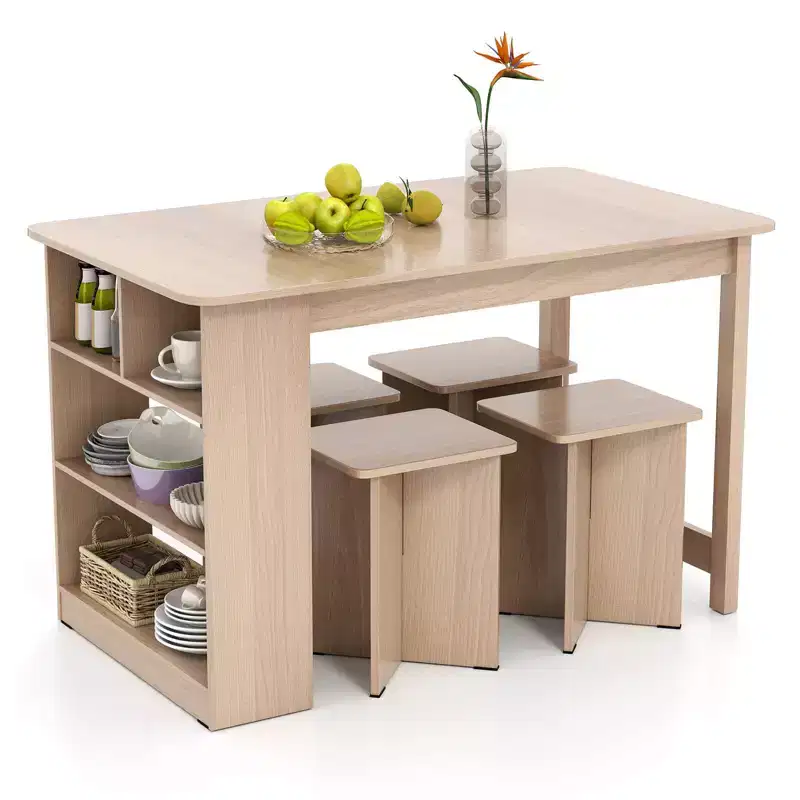 Ensemble de table à manger Costway 5 pièces avec étagère de rangement Table de cuisine rectangulaire avec 4 tabourets Beige/Gris