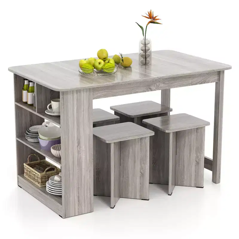 Ensemble de table à manger Costway 5 pièces avec étagère de rangement Table de cuisine rectangulaire avec 4 tabourets Beige/Gris