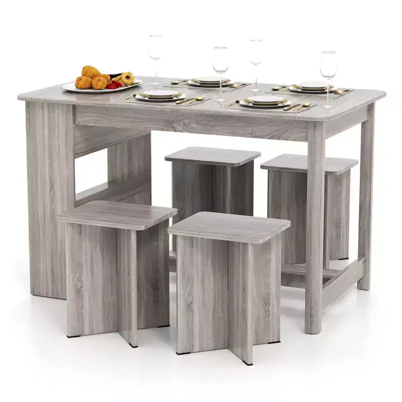 Ensemble de table à manger Costway 5 pièces avec étagère de rangement Table de cuisine rectangulaire avec 4 tabourets Beige/Gris