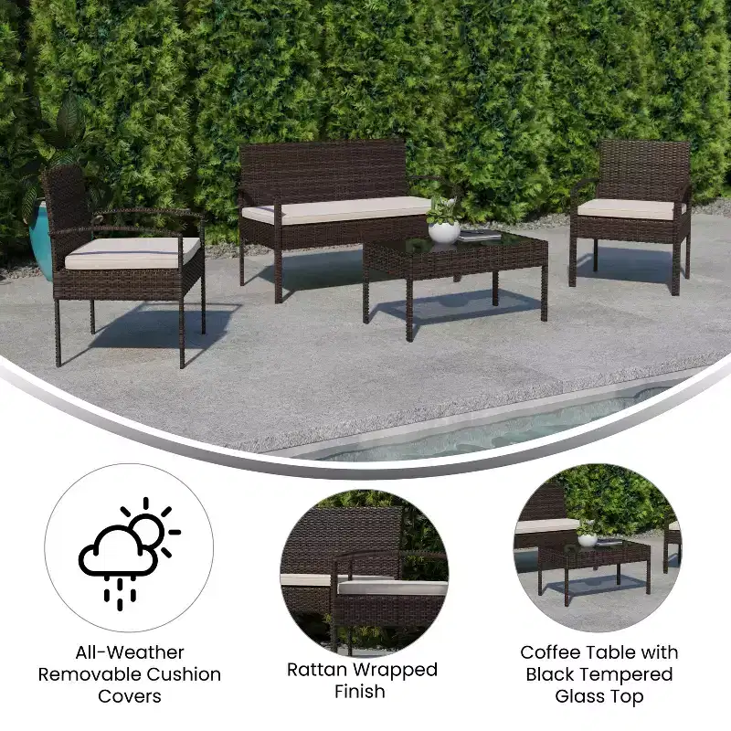 Flash Furniture Ensemble de patio 4 pièces Aransas avec structure en acier et coussins