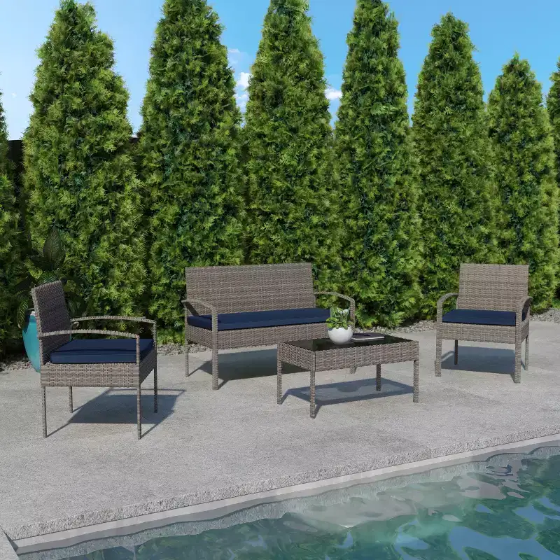 Flash Furniture Ensemble de patio 4 pièces Aransas avec structure en acier et coussins