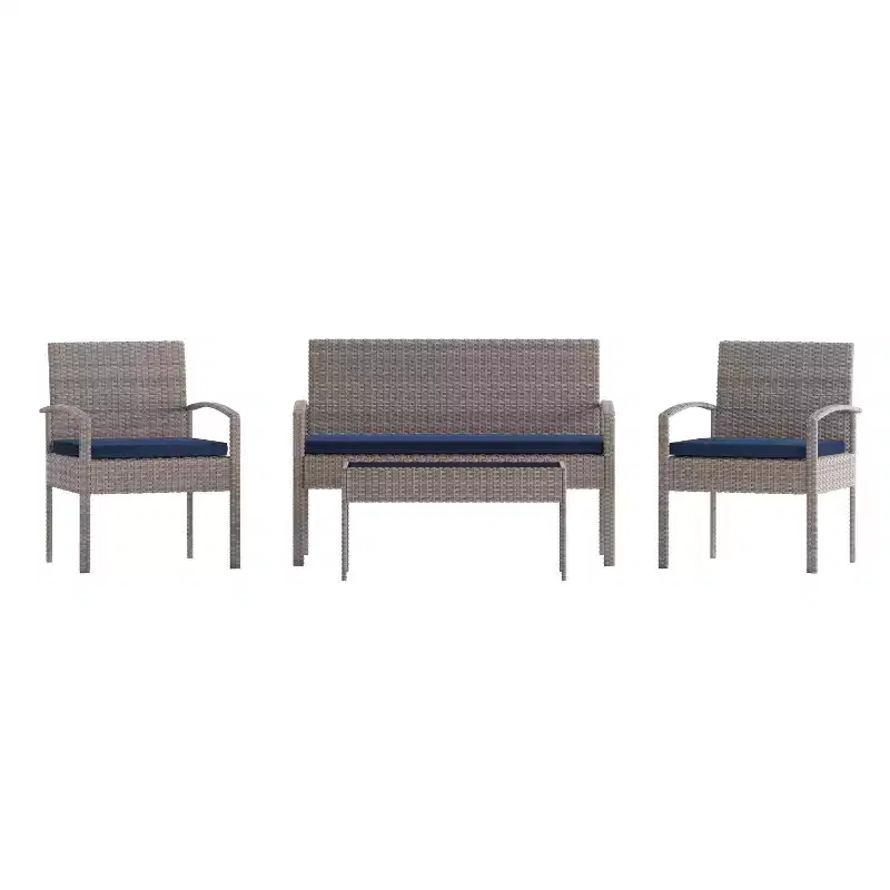 Flash Furniture Ensemble de patio 4 pièces Aransas avec structure en acier et coussins