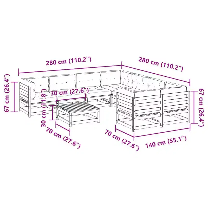 vidaXL Salon de jardin 9 pcs Bois de pin massif