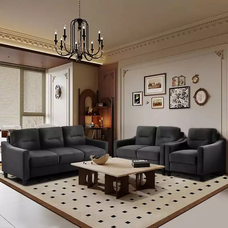 Canapés modulaires modernes PexFix 3 places, causeuse et fauteuil simple en velours avec cadre en bois massif pour salon, appartement, noir