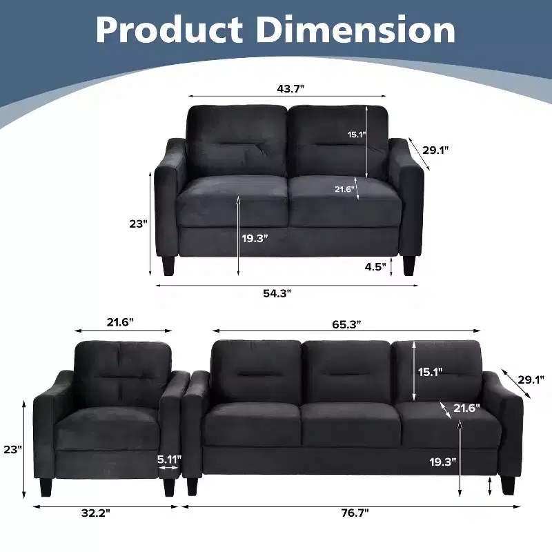 Canapés modulaires modernes PexFix 3 places, causeuse et fauteuil simple en velours avec cadre en bois massif pour salon, appartement, noir