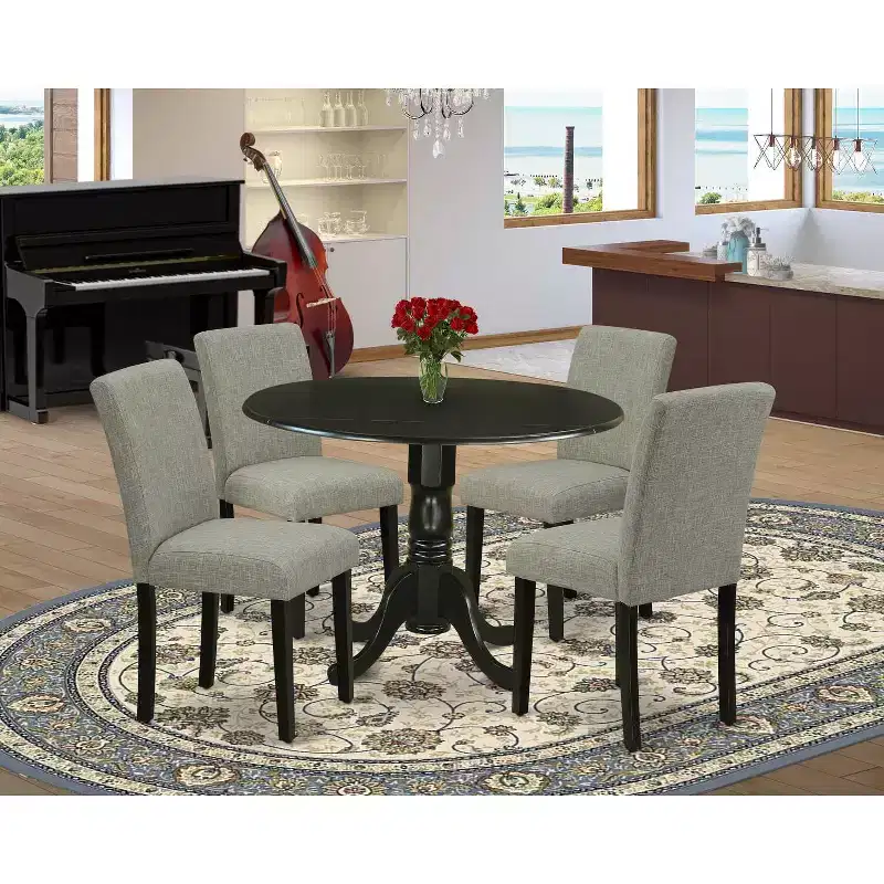 HomeStock Belmont, table de cuisine ronde de 42 po avec deux rallonges de 9 po et quatre chaises Parson avec pieds noirs et tissu en lin Shitake