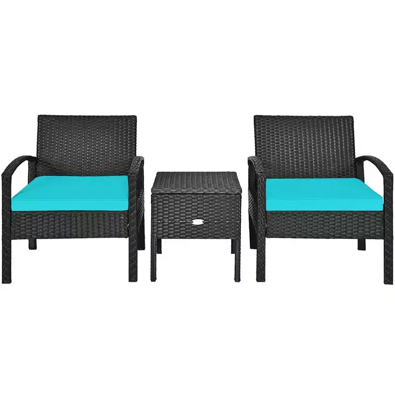 Costway Ensemble de Meubles de Jardin en Rotin 3 Pièces Table de Rangement Canapé Rembourré Terrasse Rouge/Turquoise/Blanc
