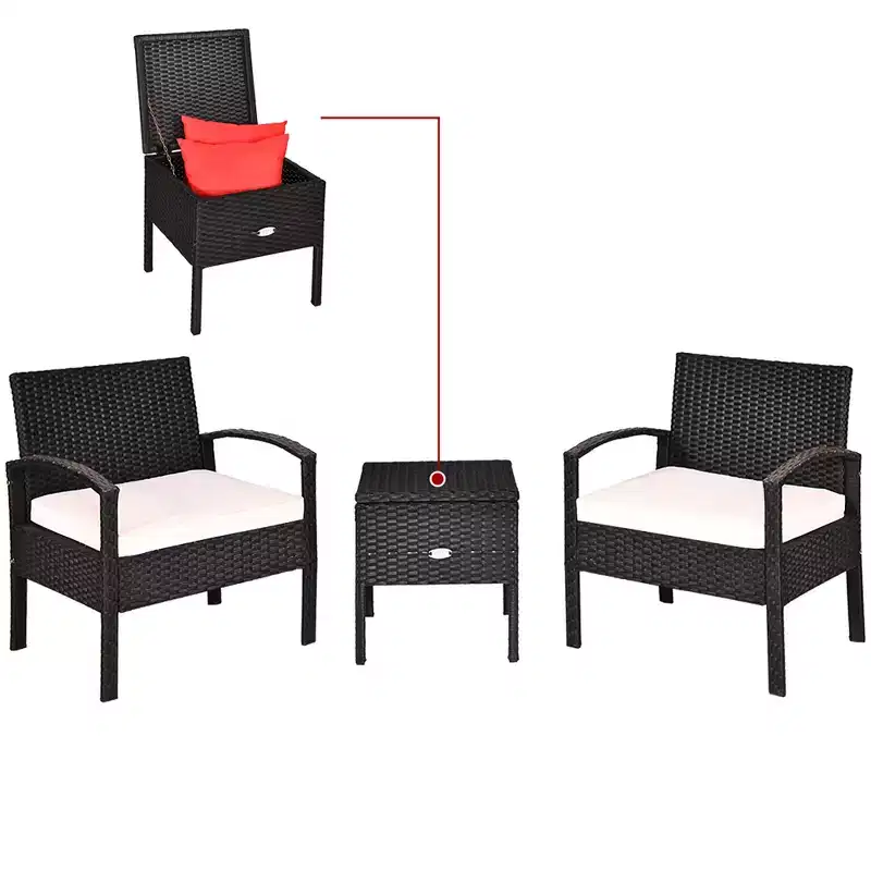 Costway Ensemble de Meubles de Jardin en Rotin 3 Pièces Table de Rangement Canapé Rembourré Terrasse Rouge/Turquoise/Blanc