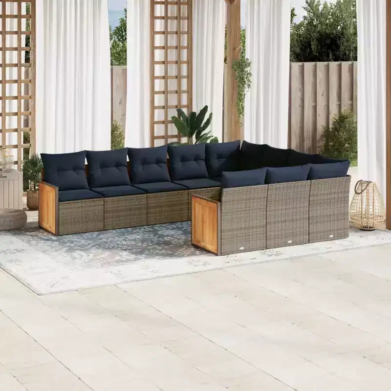 vidaXL Salon de jardin noir avec coussins bleus