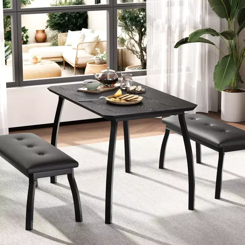 Ensemble table de salle à manger 4 places, table de cuisine à cadre métallique avec 2 bancs rembourrés, ensemble de 3 meubles de salle à manger pour appartement, studio, maison