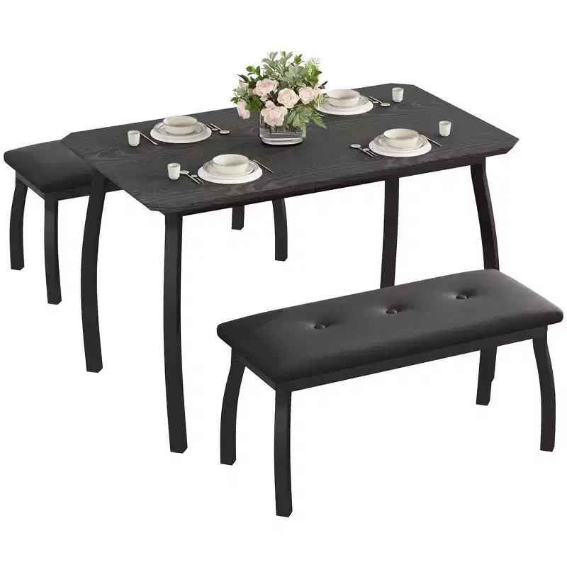 Ensemble table de salle à manger 4 places, table de cuisine à cadre métallique avec 2 bancs rembourrés, ensemble de 3 meubles de salle à manger pour appartement, studio, maison