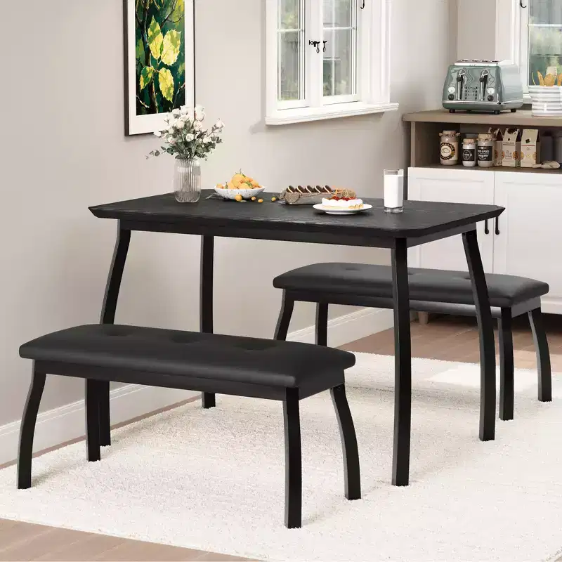 Ensemble table de salle à manger 4 places, table de cuisine à cadre métallique avec 2 bancs rembourrés, ensemble de 3 meubles de salle à manger pour appartement, studio, maison