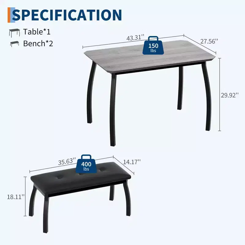 Ensemble table de salle à manger 4 places, table de cuisine à cadre métallique avec 2 bancs rembourrés, ensemble de 3 meubles de salle à manger pour appartement, studio, maison