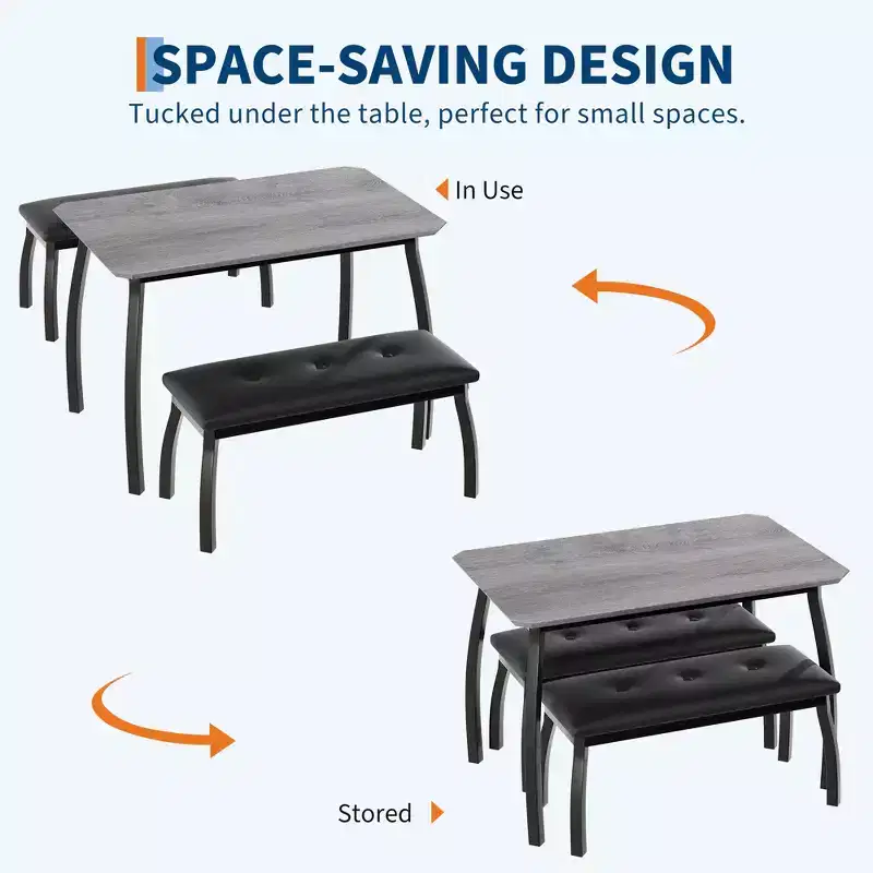 Ensemble table de salle à manger 4 places, table de cuisine à cadre métallique avec 2 bancs rembourrés, ensemble de 3 meubles de salle à manger pour appartement, studio, maison