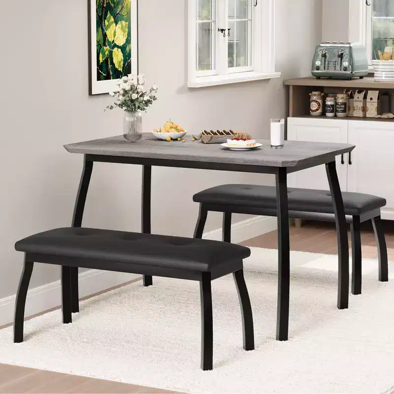 Ensemble table de salle à manger 4 places, table de cuisine à cadre métallique avec 2 bancs rembourrés, ensemble de 3 meubles de salle à manger pour appartement, studio, maison