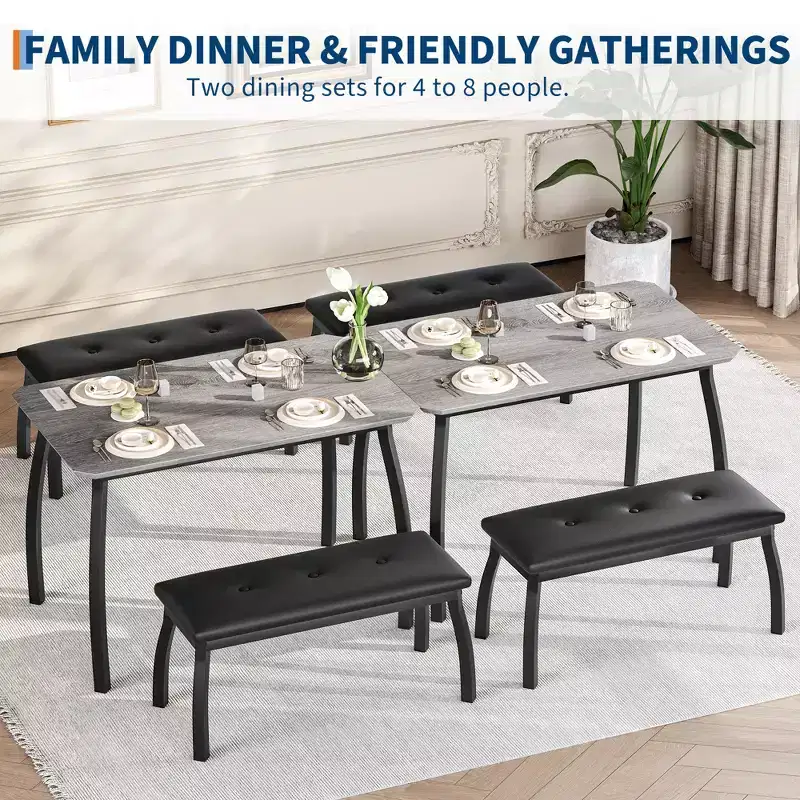 Ensemble table de salle à manger 4 places, table de cuisine à cadre métallique avec 2 bancs rembourrés, ensemble de 3 meubles de salle à manger pour appartement, studio, maison