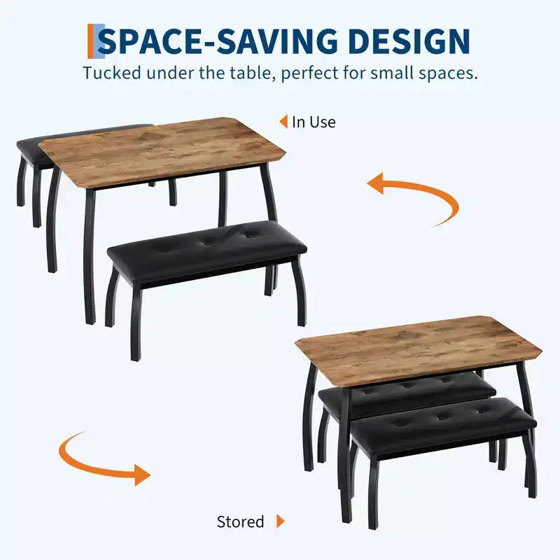 Ensemble table de salle à manger 4 places, table de cuisine à cadre métallique avec 2 bancs rembourrés, ensemble de 3 meubles de salle à manger pour appartement, studio, maison