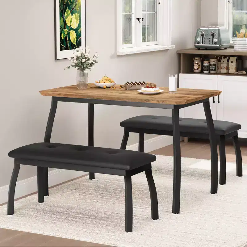 Ensemble table de salle à manger 4 places, table de cuisine à cadre métallique avec 2 bancs rembourrés, ensemble de 3 meubles de salle à manger pour appartement, studio, maison