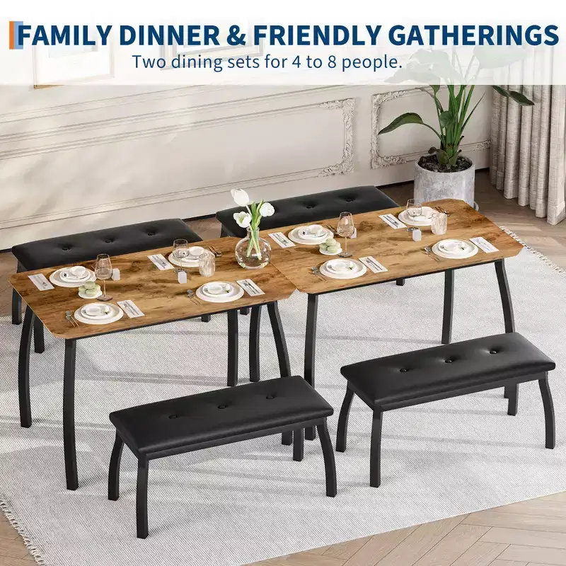 Ensemble table de salle à manger 4 places, table de cuisine à cadre métallique avec 2 bancs rembourrés, ensemble de 3 meubles de salle à manger pour appartement, studio, maison