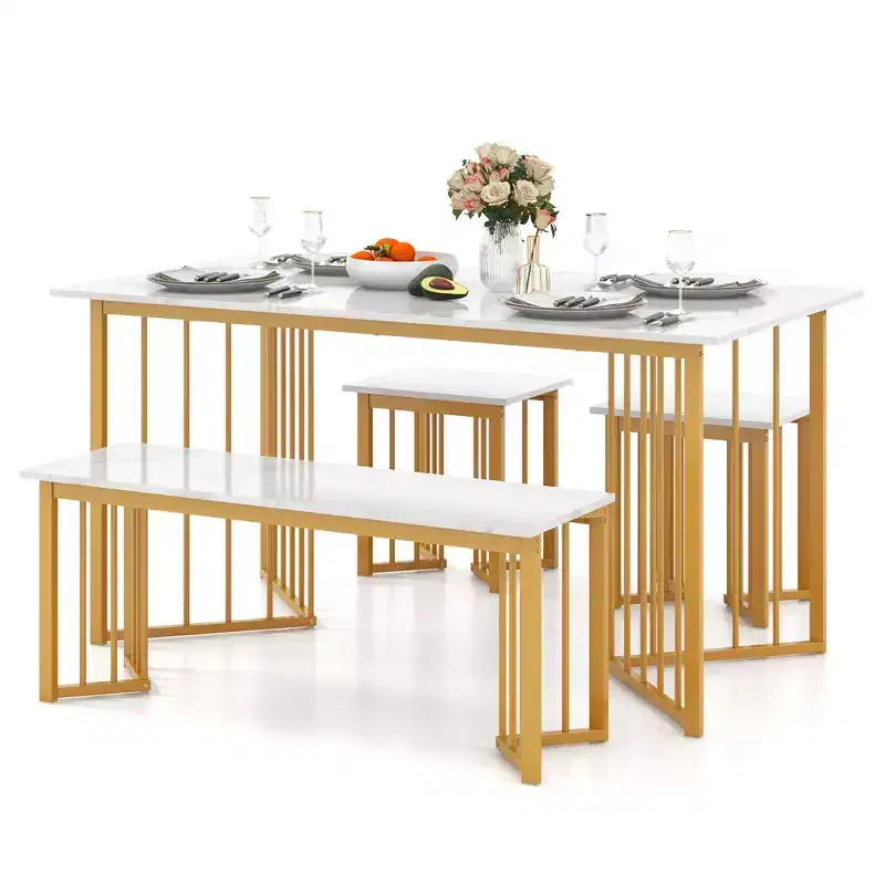 Costway Ensemble de Table à Manger 4 Pièces Table de Cuisine avec Banc et 2 Tabourets Pieds en Métal en Forme d'Aile