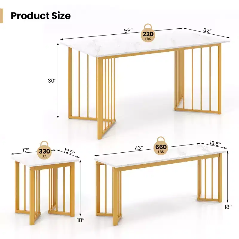 Costway Ensemble de Table à Manger 4 Pièces Table de Cuisine avec Banc et 2 Tabourets Pieds en Métal en Forme d'Aile