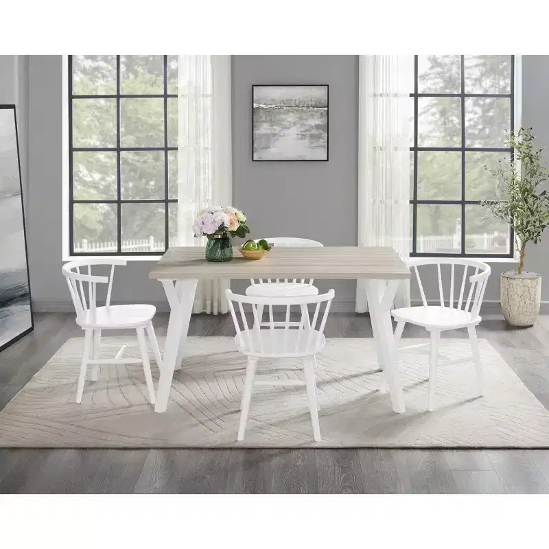 Ensemble de salle à manger Alwynn White et bois naturel 5 pièces, table à manger avec 4 chaises Windsor
