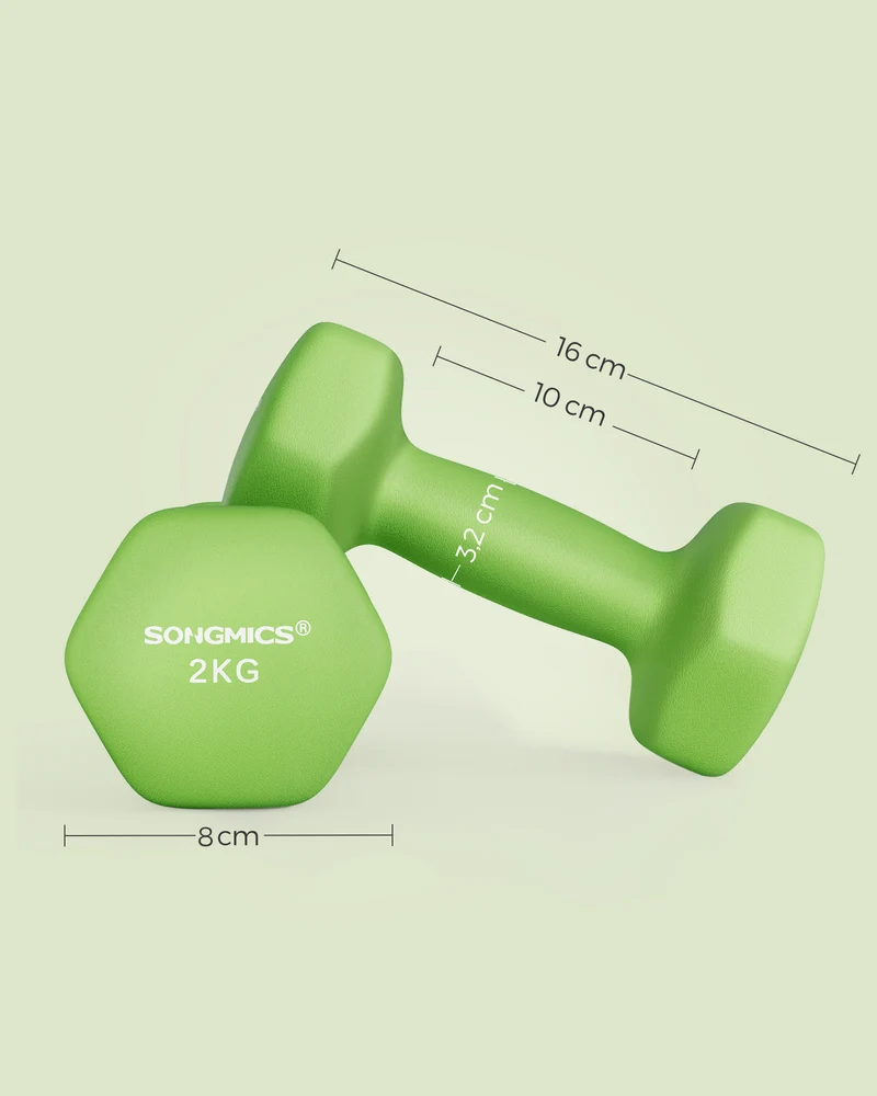 Lot de 2 haltères hexagonaux pour fitness 16 x 8 cm avec revêtement confortable en vinyle vert citron 12_0011007