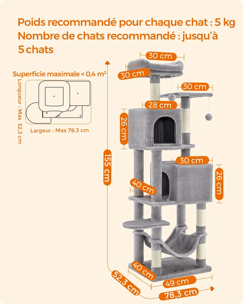 Arbre à chat design moderne 49 x 40 x 155 cm espace jeux confort peluche en aggloméré gris clair 12_0010630