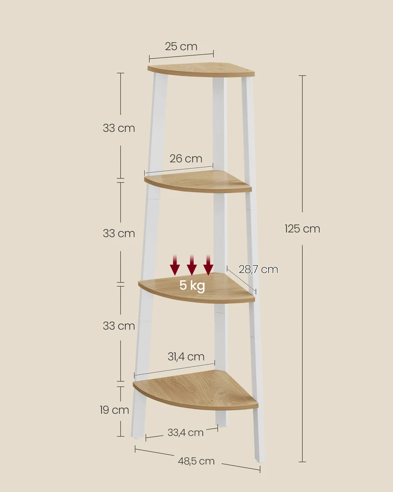 Étagère d'angle design moderne 33,4 x 33,4 x 125 cm pour salon rangement décoratif en aggloméré blanc mat 12_0010579