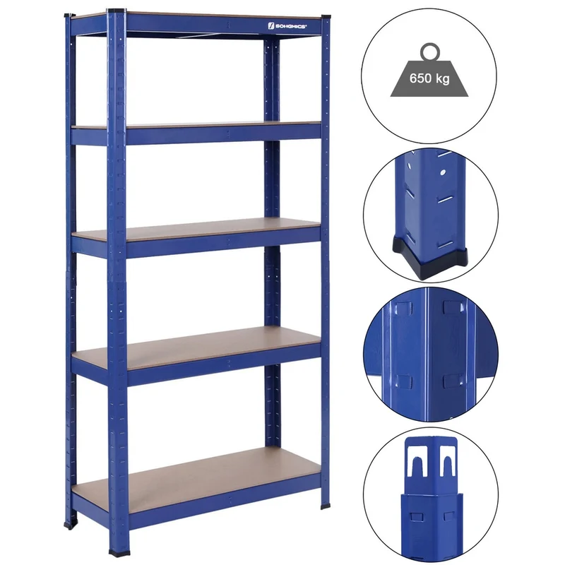 Étagère de rangement clipsable 150 x 75 x 30 cm 5 niveaux capacité 650 kg usage garage bureau en acier bleu 12_0008499