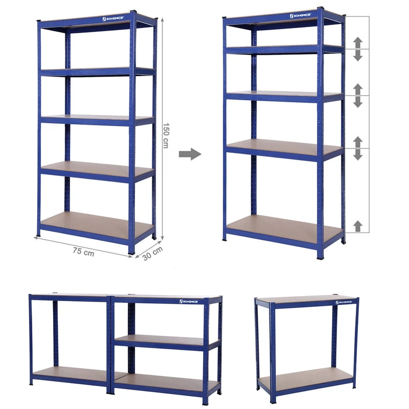 Étagère de rangement clipsable 150 x 75 x 30 cm 5 niveaux capacité 650 kg usage garage bureau en acier bleu 12_0008499
