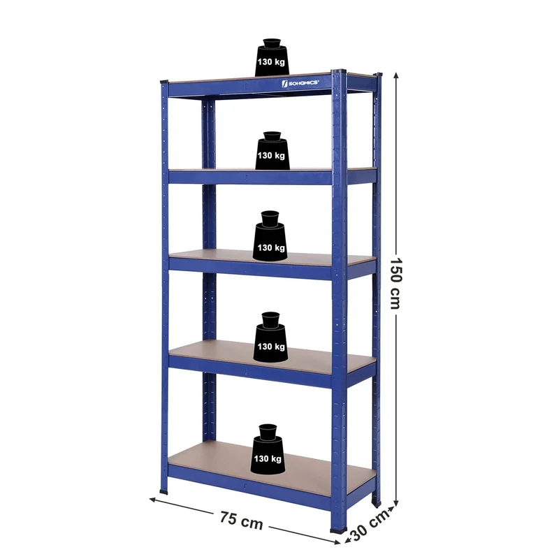 Étagère de rangement clipsable 150 x 75 x 30 cm 5 niveaux capacité 650 kg usage garage bureau en acier bleu 12_0008499