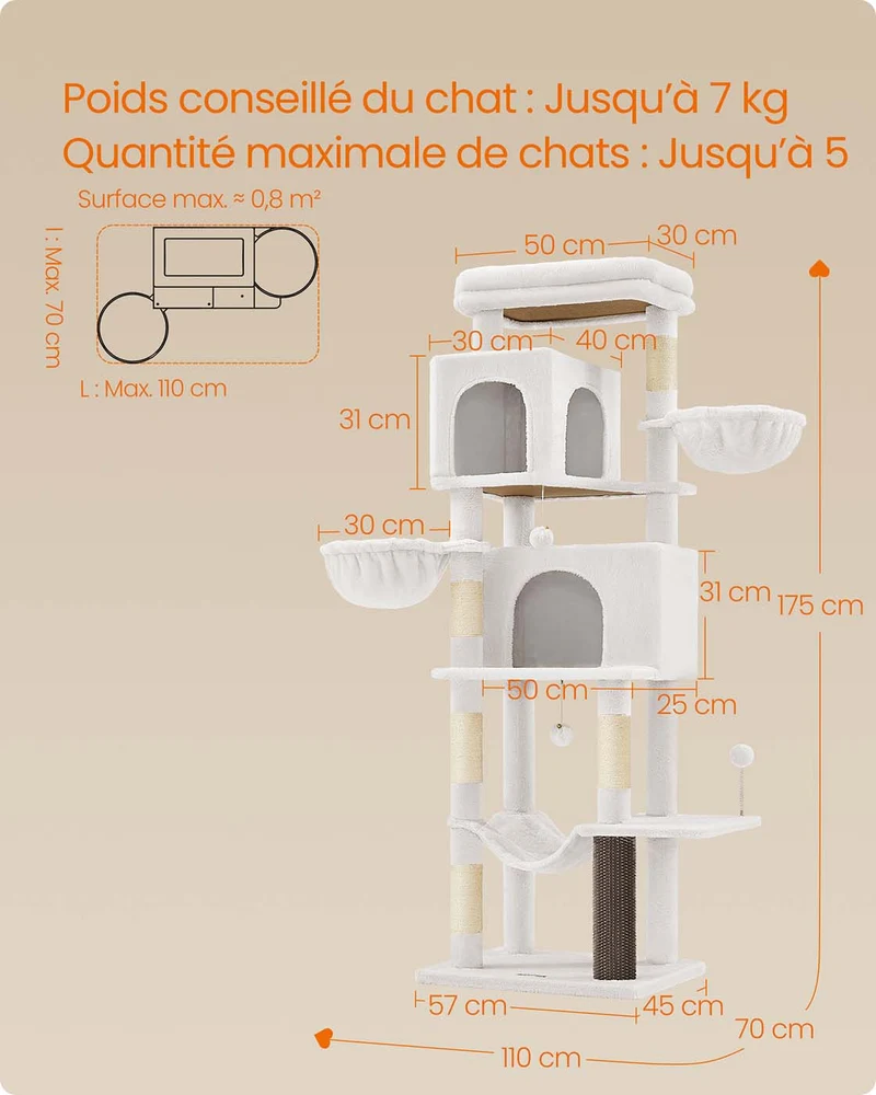 Arbre à chat tour à chat de 175 cm de haut abri à chat multi-niveaux avec 2 niches 2 paniers 5 griffoirs toilettage autonome perchoir hamac gris tourterelle 12_0003885