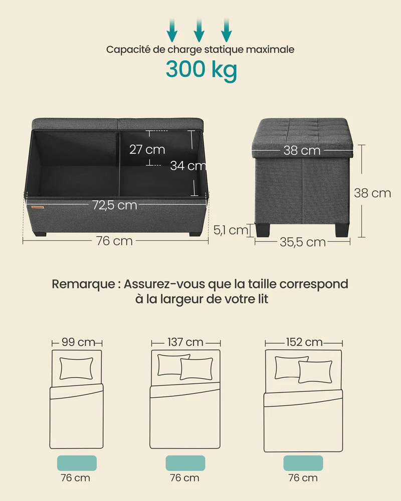 Banc de rangement pliable avec couvercle rabattable 38 x 76 x 38,5 cm assise confortable style contemporain en tissu gris ardoise 12_0013163