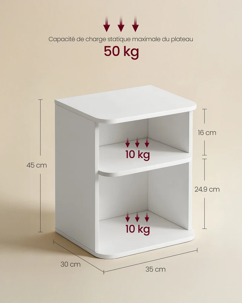 Table de chevet à 3 niveaux rangement moderne chambre 30 x 35 x 45 cm en panneau d'aggloméré blanc nuage 12_0013112