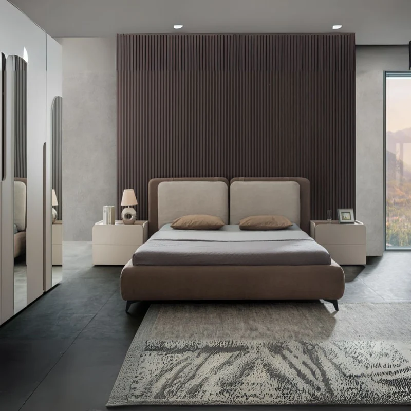 Camera da letto completa armadio 6 ante con specchi e letto contenitore colore cashmere e olmo biscotto - Tatido