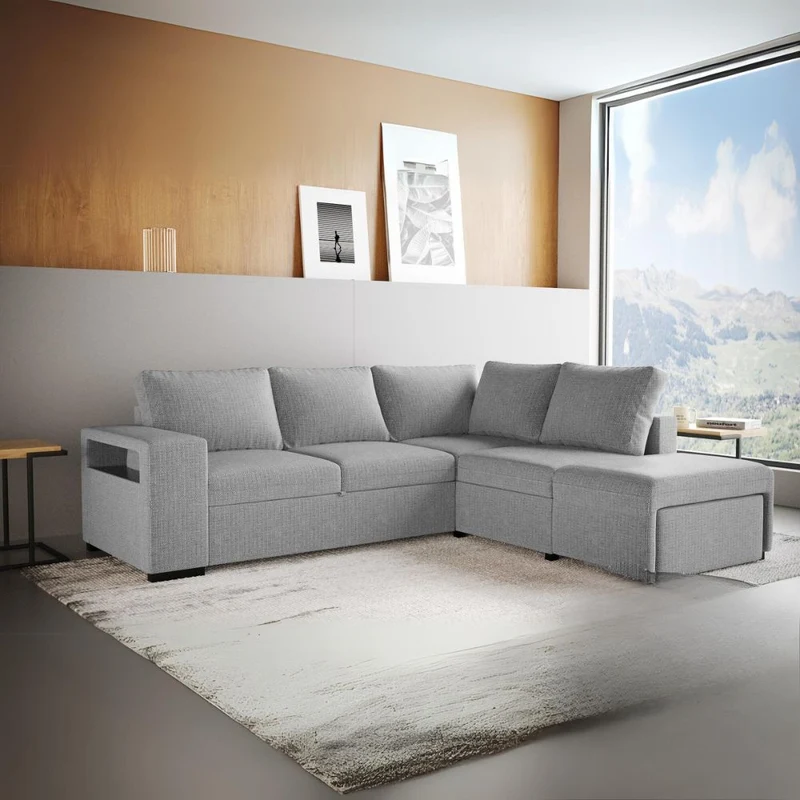 Divano angolare reversibile con funzione letto e bracciolo contenitore colore grigio - Jemmy