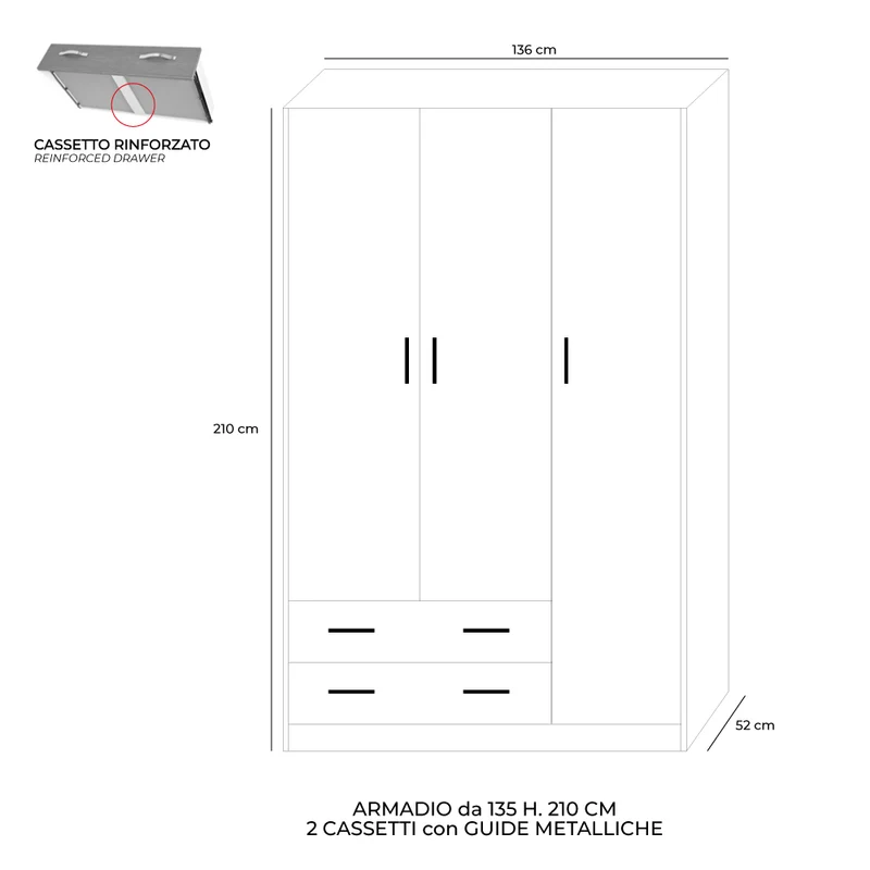 Armadio con tre ante e due cassetti colore noce naturale 135x52x210h - ARM3135