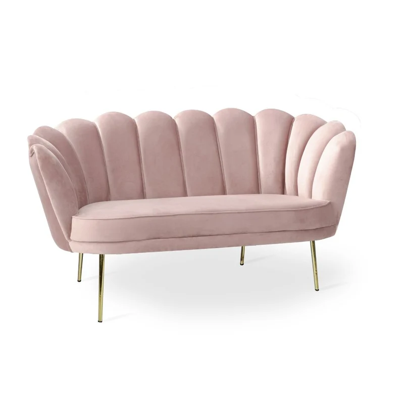 Divano a conchiglia due posti tessuto color rosa e piedi oro 135x75H cm - Orel