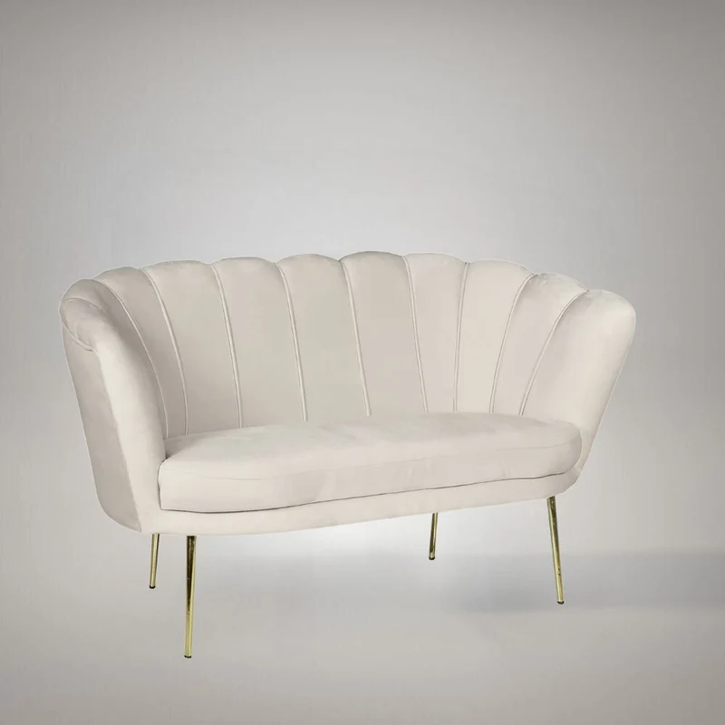 Divano a conchiglia due posti tessuto color sabbia e piedi oro 135x75H cm - Orel
